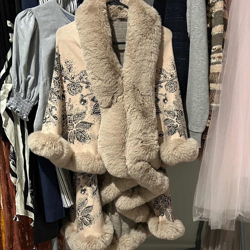 Chic Beige Faux Fur Cape with Floral Accents